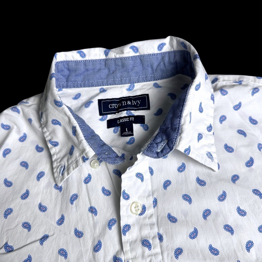Crown & Ivy Mens Paisley Button Down Shirt Large Classic Fit White Blue Stretch